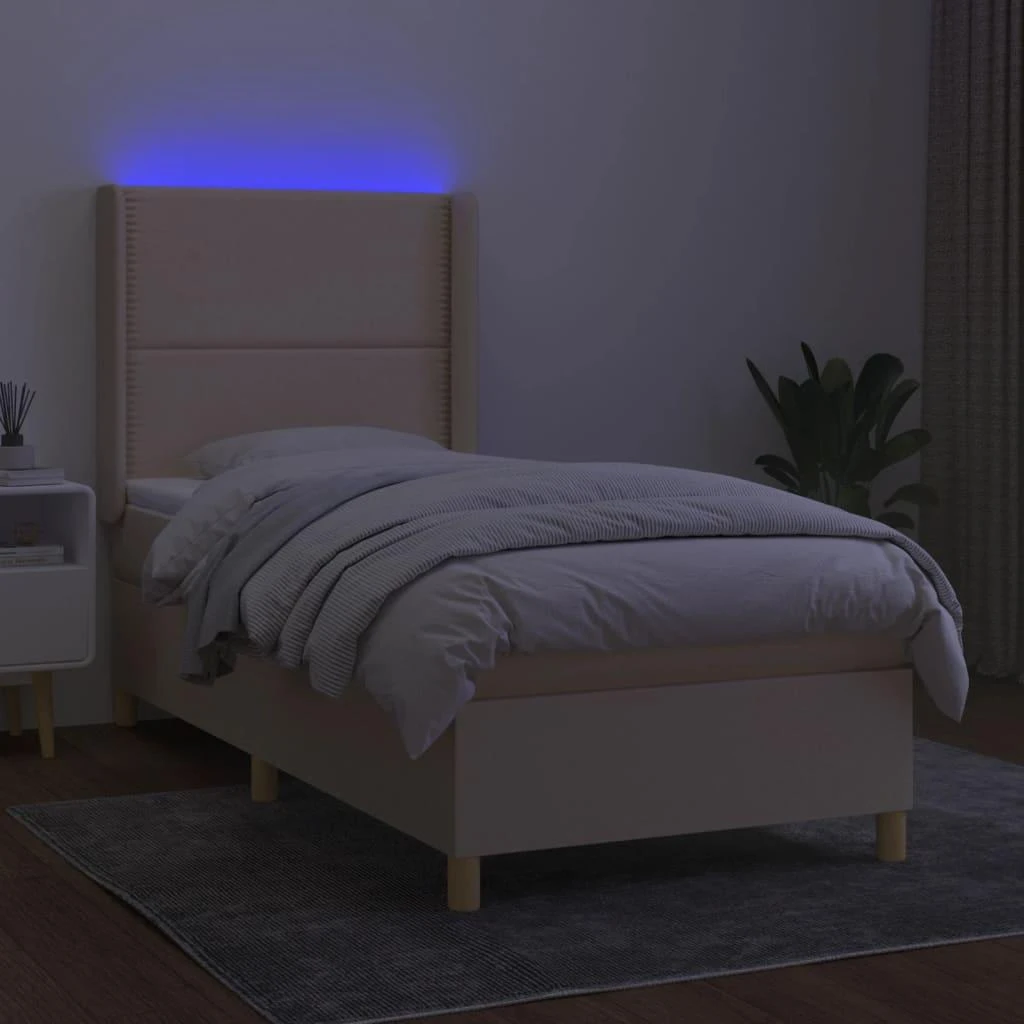 Lova su spyruoklėmis/čiužiniu/LED, kreminė, 90x200 cm, audinys