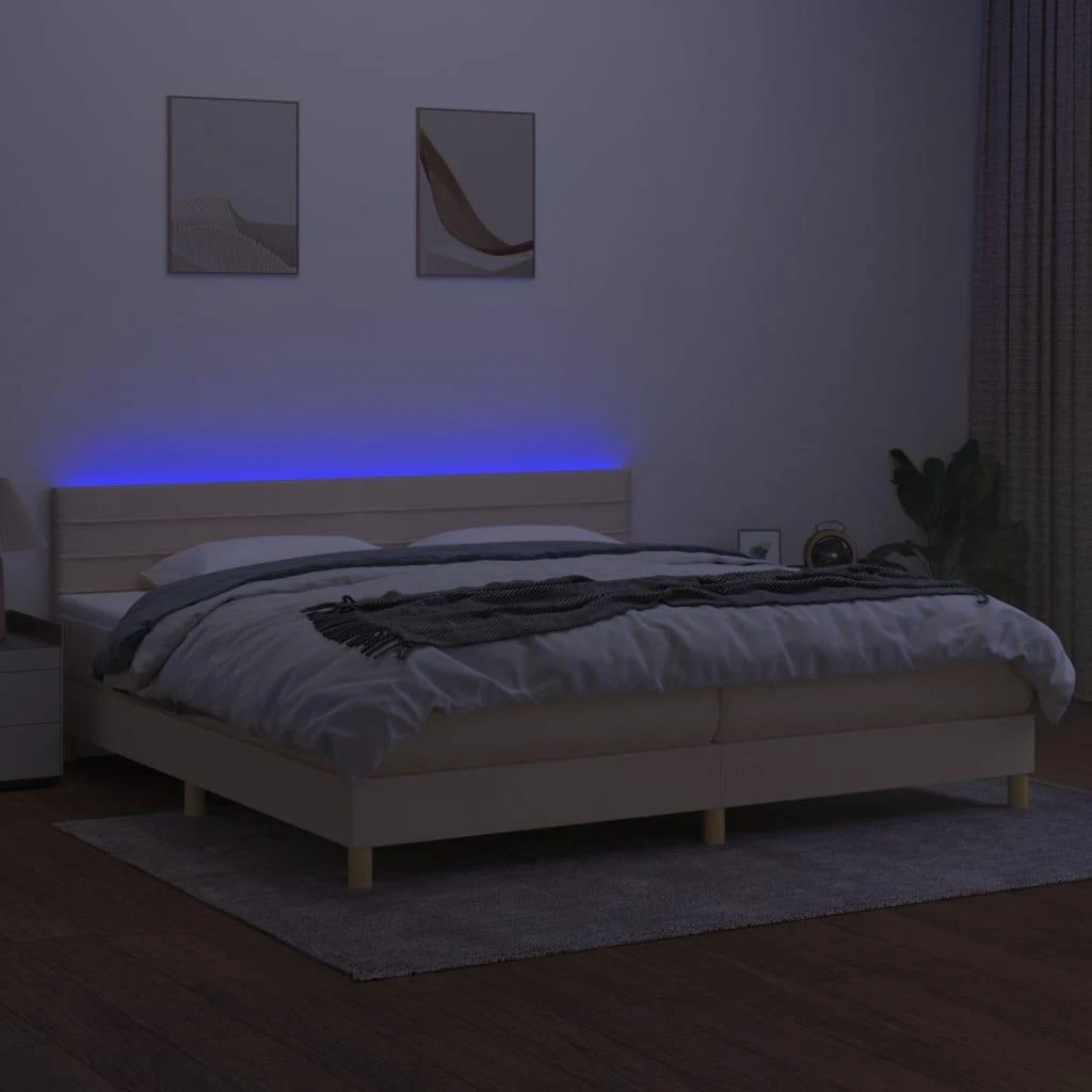 Lova su spyruoklėmis/čiužiniu/LED, kreminė, 200x200 cm, audinys