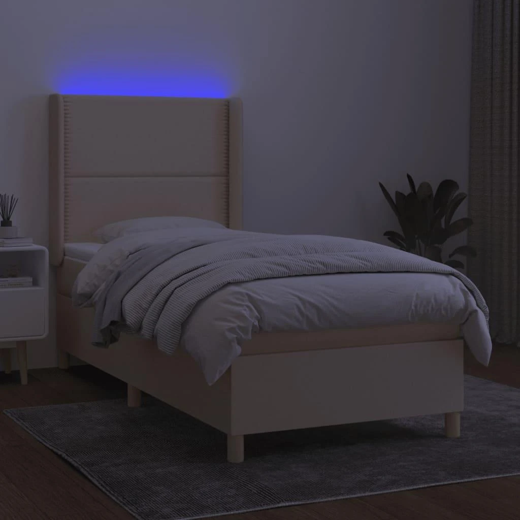 Lova su spyruoklėmis/čiužiniu/LED, kreminė, 100x200 cm, audinys