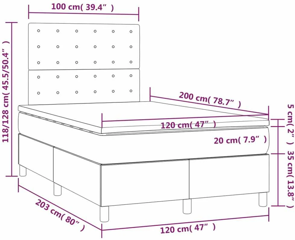 Lova su spyruoklėmis/čiužiniu/LED, pilka, 120x200cm, aksomas