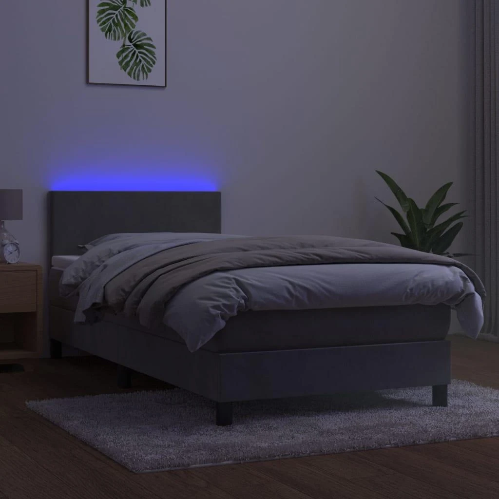 Lova su spyruoklėmis/čiužiniu/LED, pilka, 90x200cm, aksomas