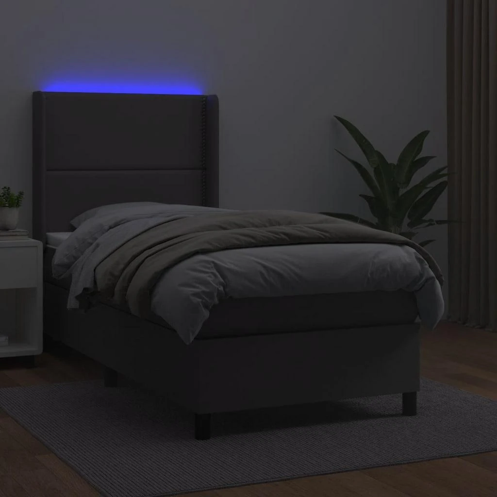 Lova su spyruoklėmis/čiužiniu/LED, pilka 100x200cm dirbtinė oda