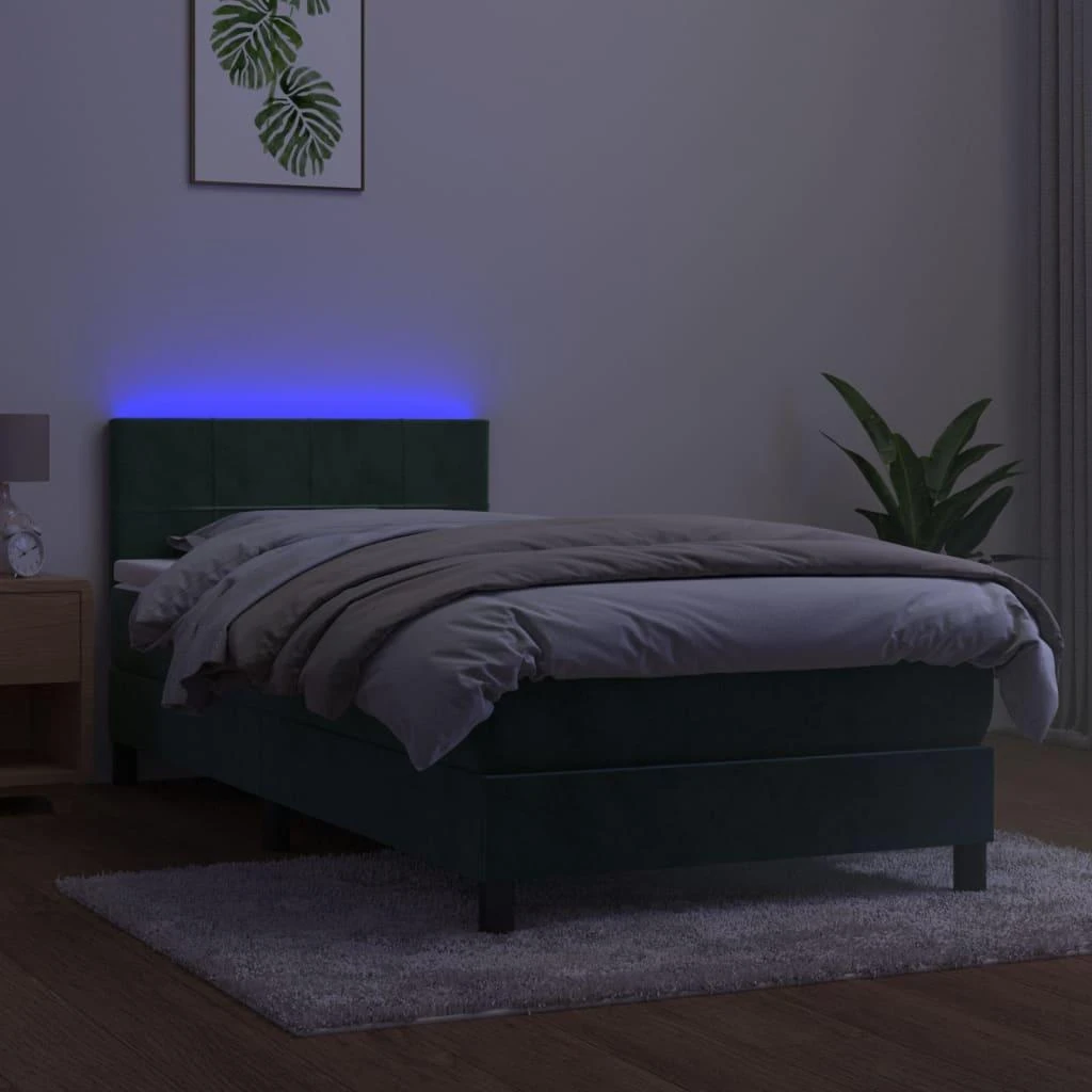 Lova su spyruoklėmis/čiužiniu/LED, žalia, 90x200cm, aksomas