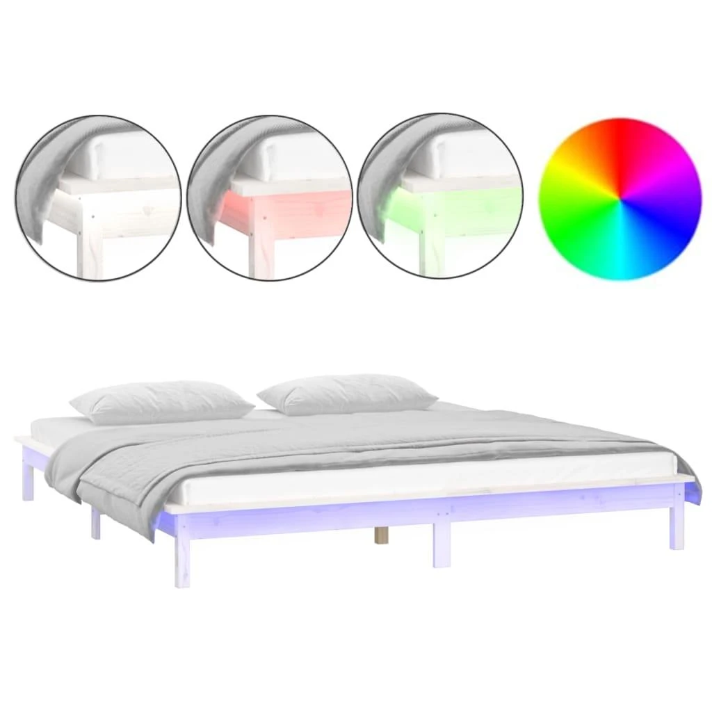 Lovos rėmas su LED, baltos spalvos, 200x200cm, medienos masyvas