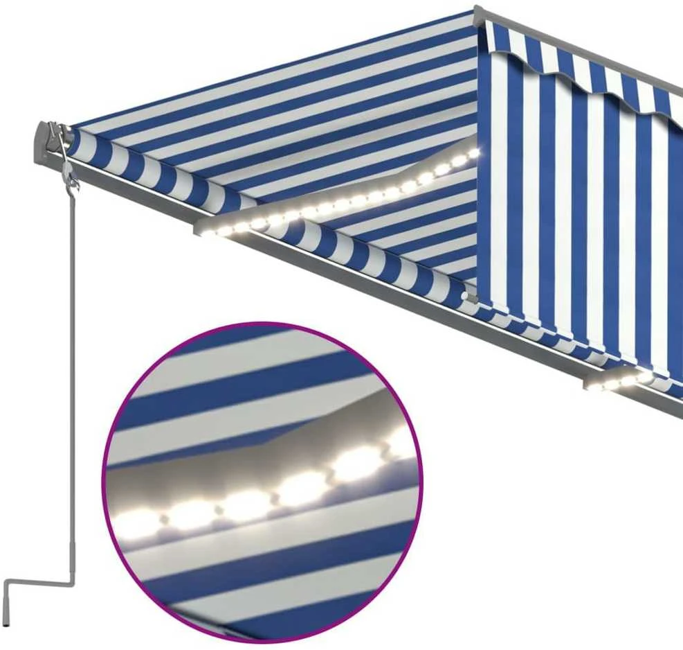 Markizė su uždanga/LED/vėjo jutikliu, mėlyna/balta, 3,5x2,5m