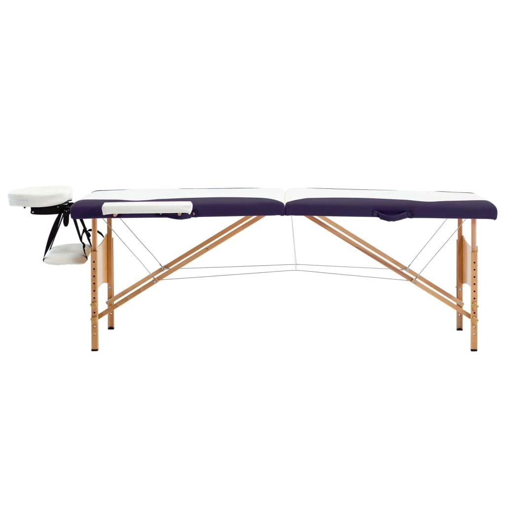 Sulankstomas masažo stalas, baltas/violetinis, mediena, 2 zonų