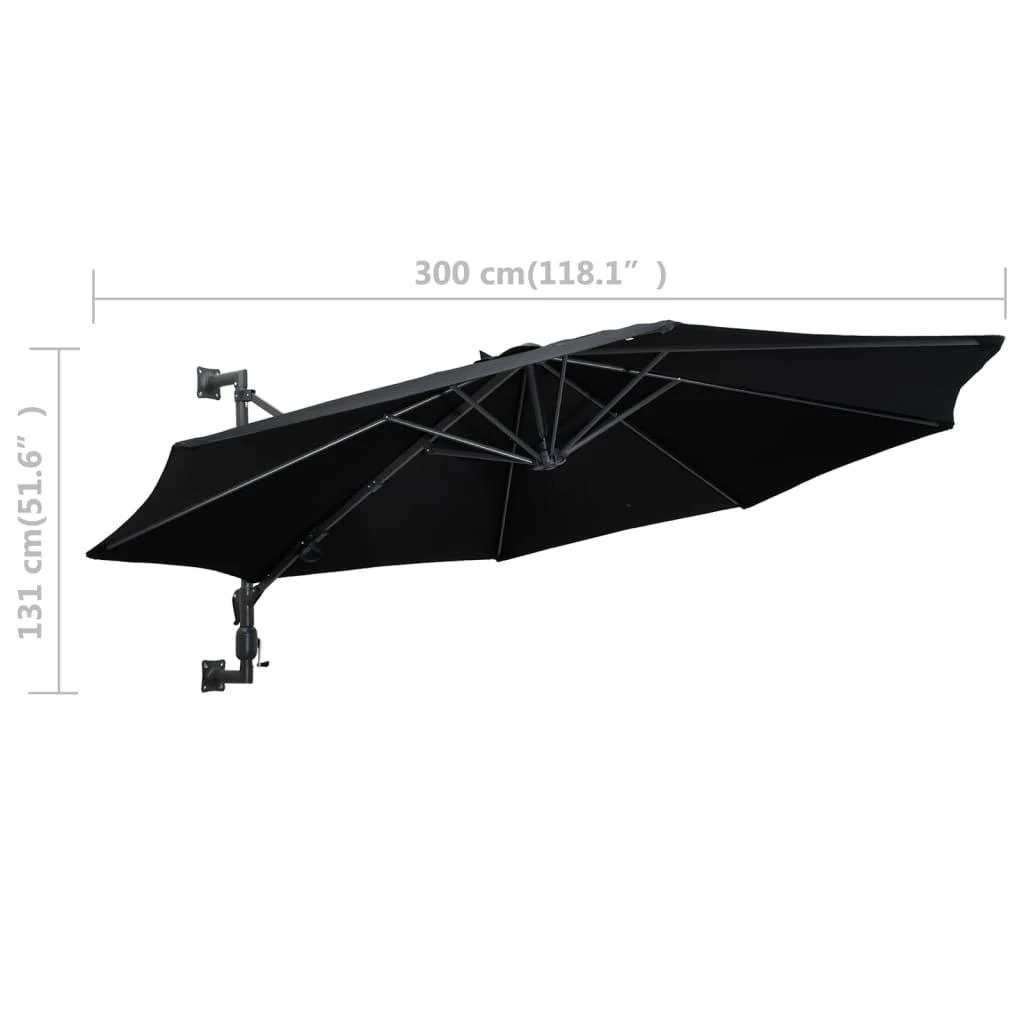 Prie sienos montuojamas skėtis su stulpu, juodas, 300cm