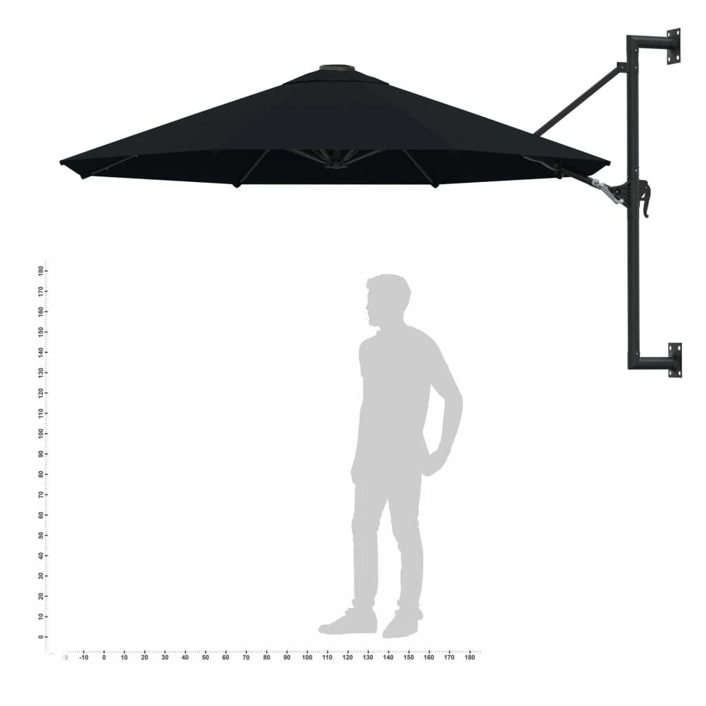 Prie sienos montuojamas skėtis su stulpu, juodas, 300cm