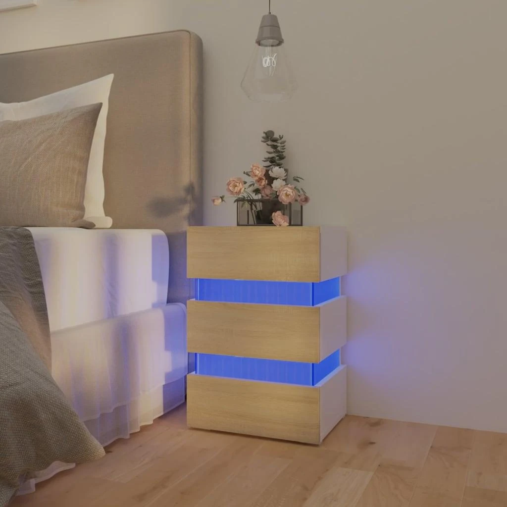 Naktinė spintelė su LED, balta ir ąžuolo, 45x35x67cm, mediena