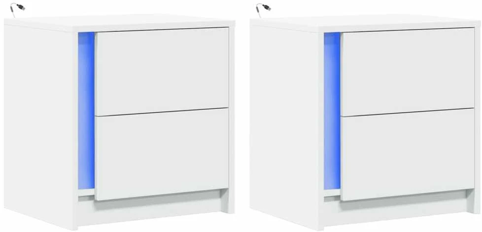 Naktinės spintelės su LED lemputėmis, 2vnt., baltos, mediena
