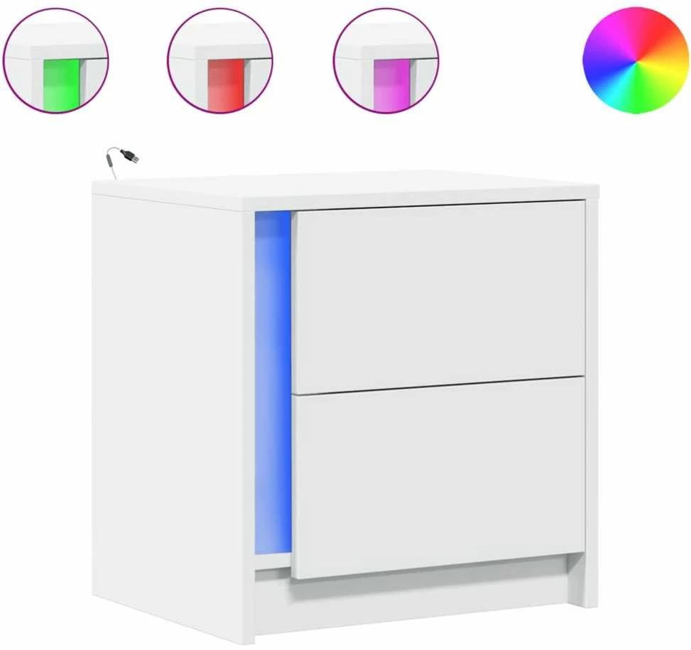 Naktinės spintelės su LED lemputėmis, 2vnt., baltos, mediena