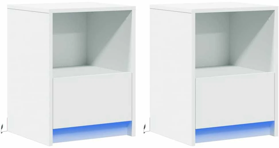 Naktinės spintelės su LED lemputėmis, 2vnt., baltos, mediena