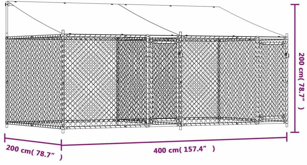 Narvas šunims su stogu ir durimis, pilkas, 4x2x2m, plienas