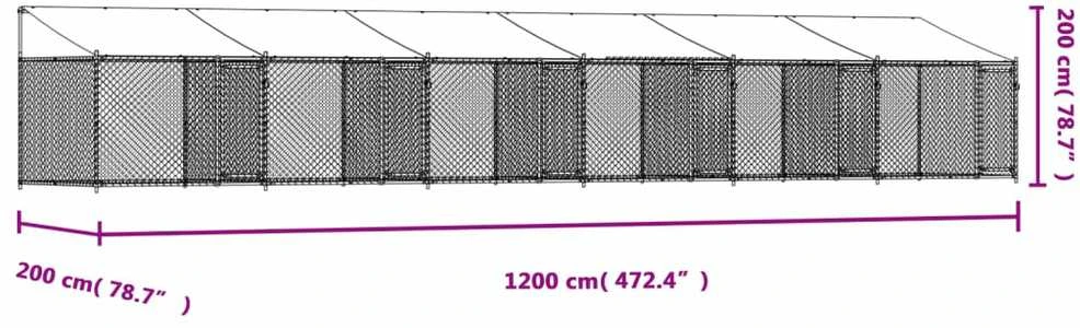 Narvas šunims su stogu ir durimis, pilkas, 12x2x2m, plienas