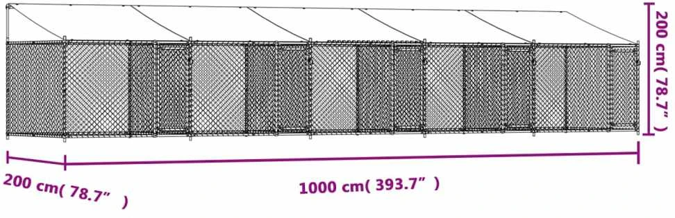 Narvas šunims su stogu ir durimis, pilkas, 10x2x2m, plienas