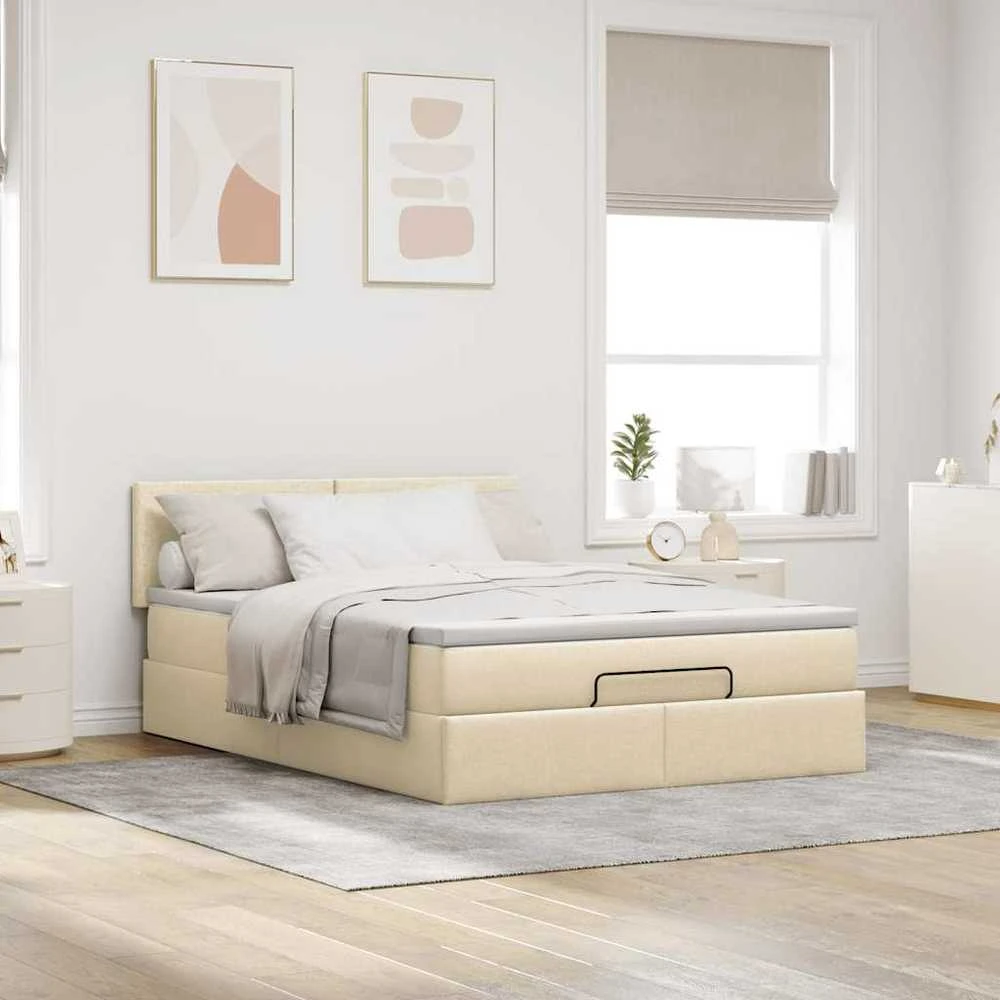 Osmanų lova su čiužiniu ir LED kreminiu 140x200 cm audiniu