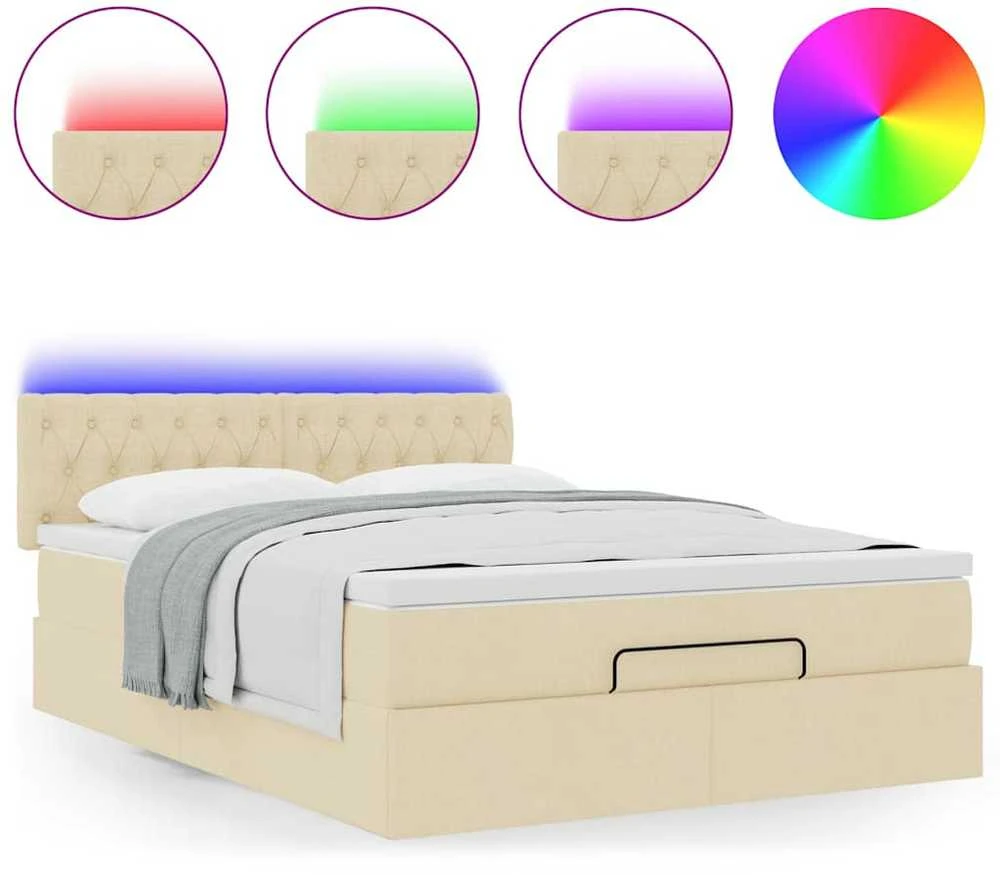 Osmanų lova su čiužiniu ir LED kreminiu 140x200 cm audiniu