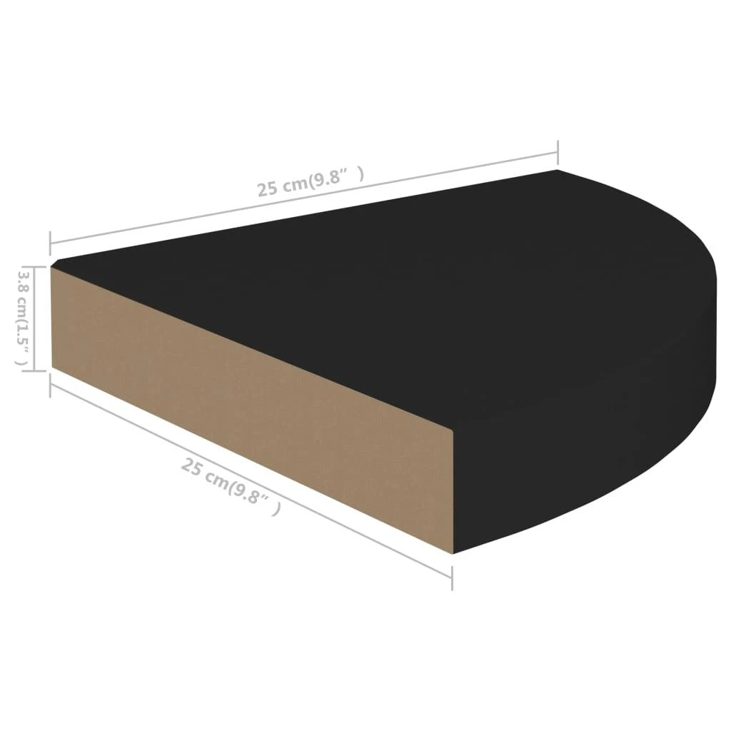 Pakabinamos kampinės lentynos, 4vnt., juodos, 25x25x3,8cm, MDF