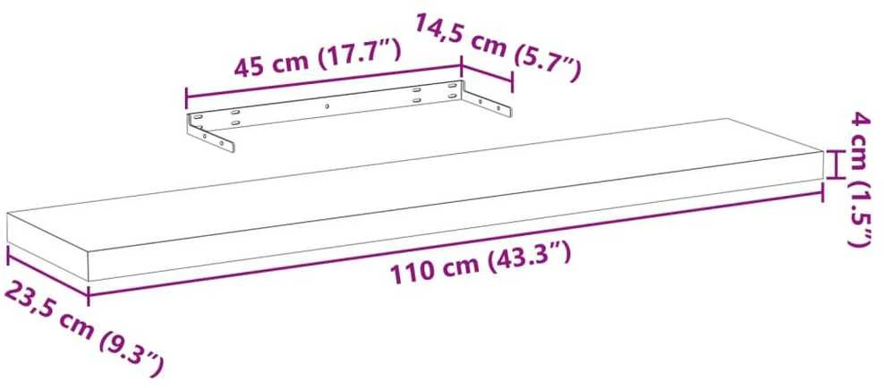 Pakabinamos lentynos, 2vnt., 110x23,5x4cm, apdirbta mediena