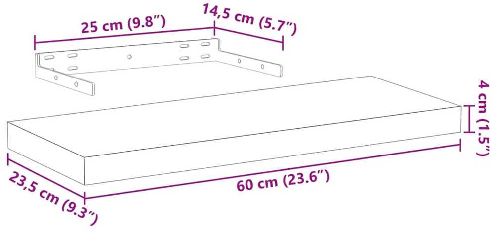 Pakabinamos lentynos, 2vnt., 60x23,5x4cm, apdirbta mediena