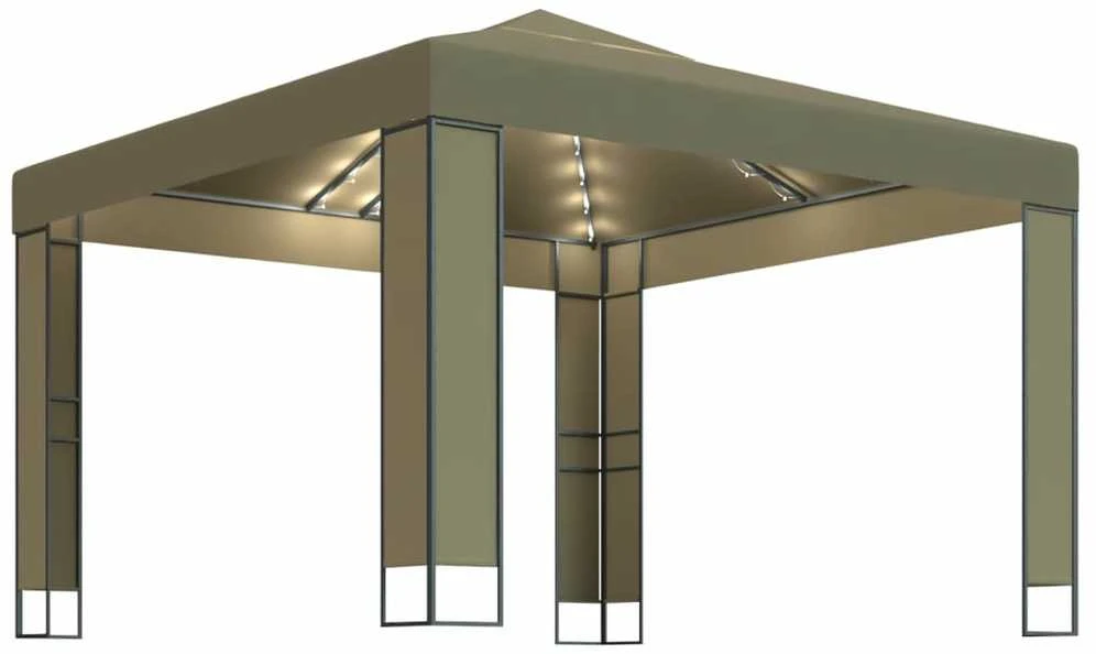 Pavėsinė su dvigubu stogu ir lemputėmis LED, taupe, 3x3x2,7m