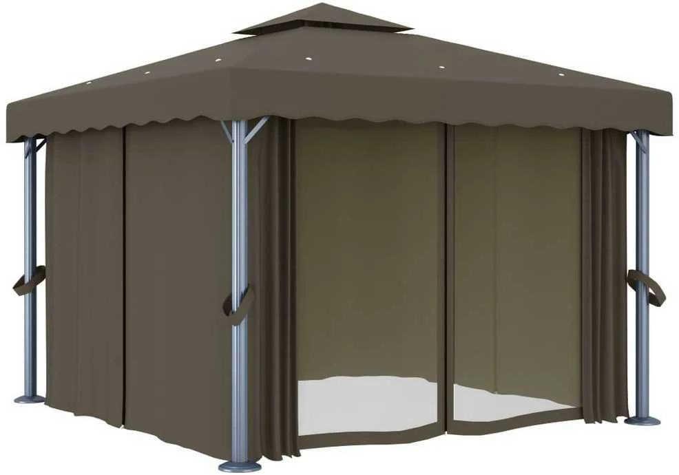 Pavėsinė su lemputėmis ir užuolaidomis LED, taupe, 3x3m