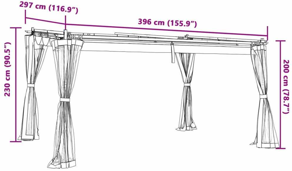 Pavėsinė su tinklinėmis sienelėmis, antracito, 4x3m, plienas