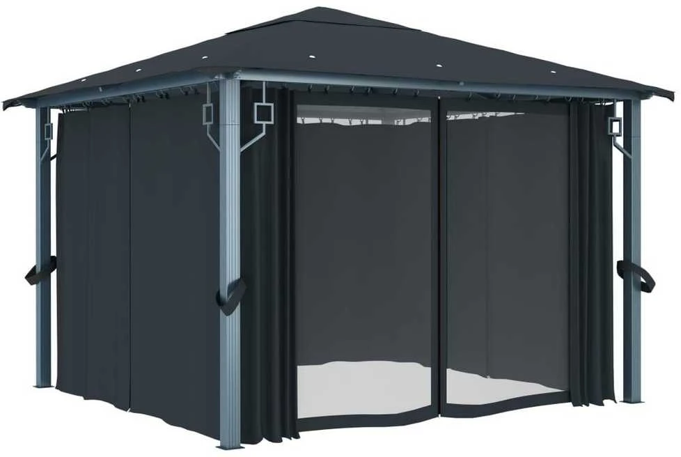 Pavėsinė su užuolaidomis ir lemputėmis LED, antracito, 3x3 m