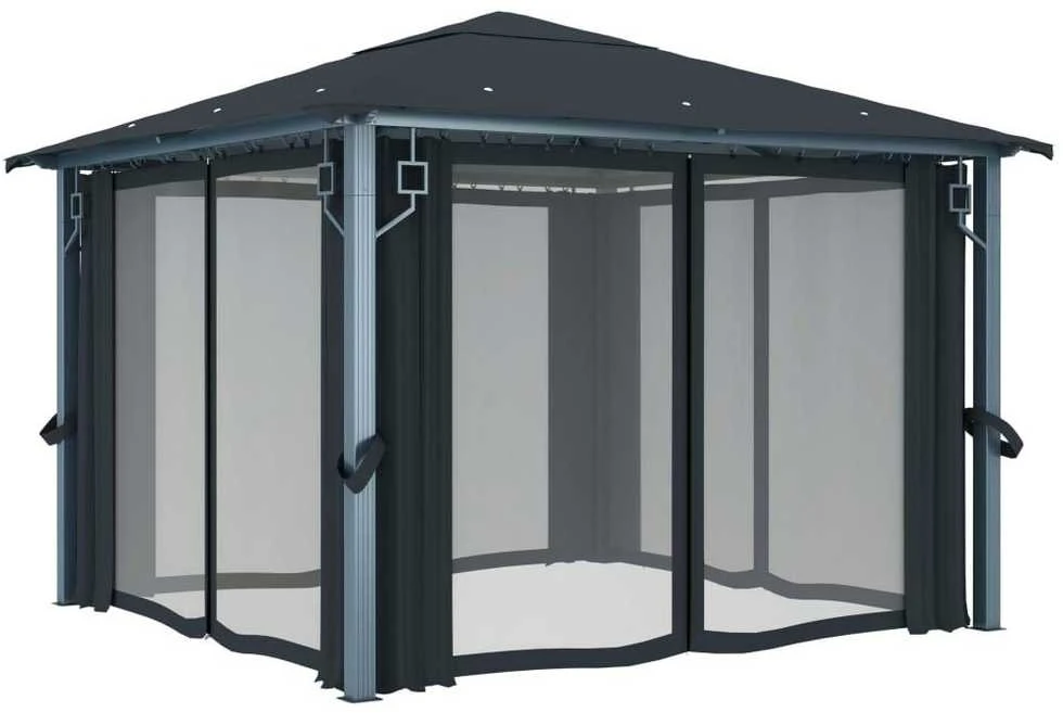 Pavėsinė su užuolaidomis ir lemputėmis LED, antracito, 3x3 m