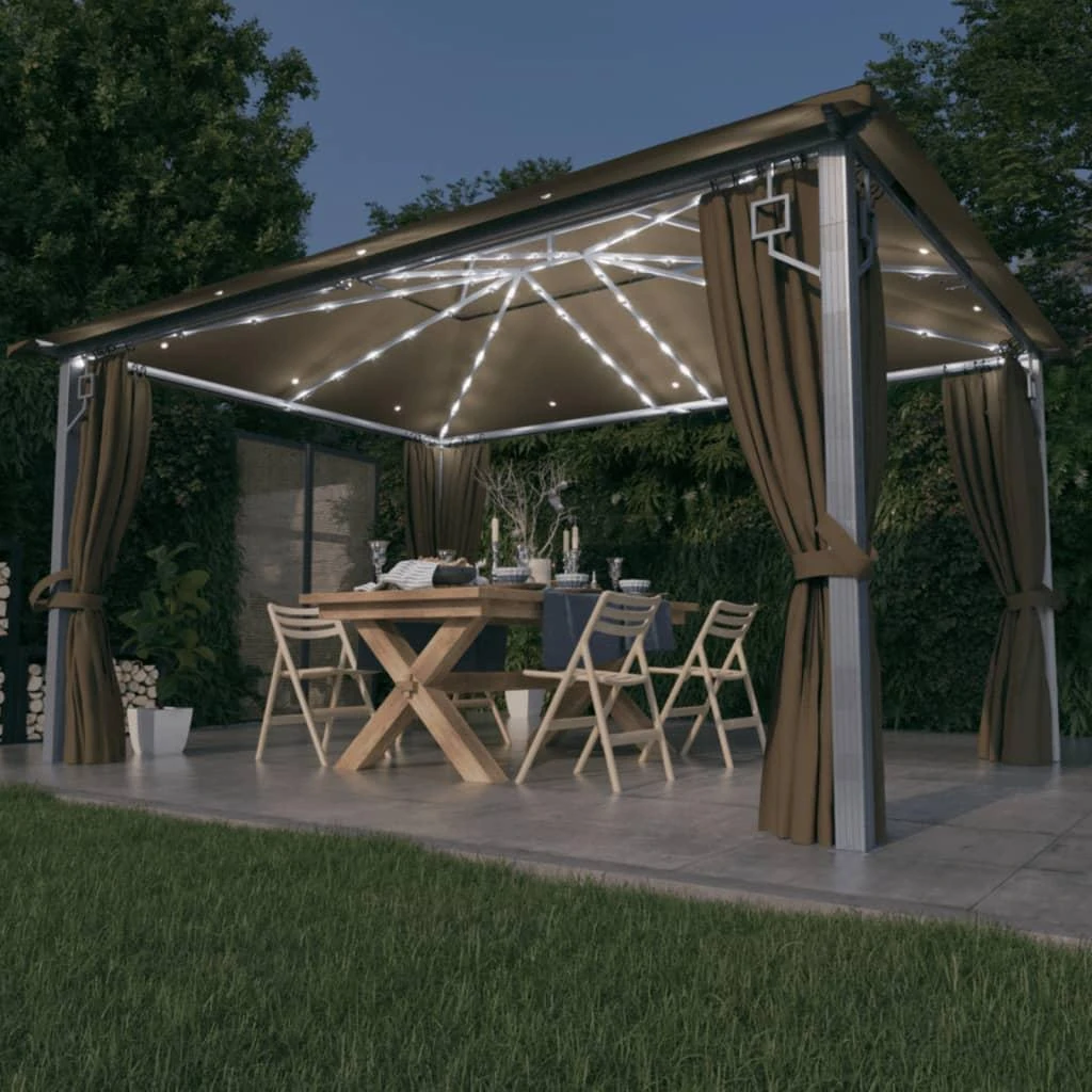 Pavėsinė su užuolaidomis ir lemputėmis LED, taupe, 400x300cm