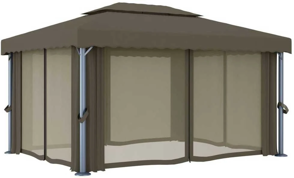 Pavėsinė su užuolaidomis, taupe spalvos, 4x3m, aliuminis