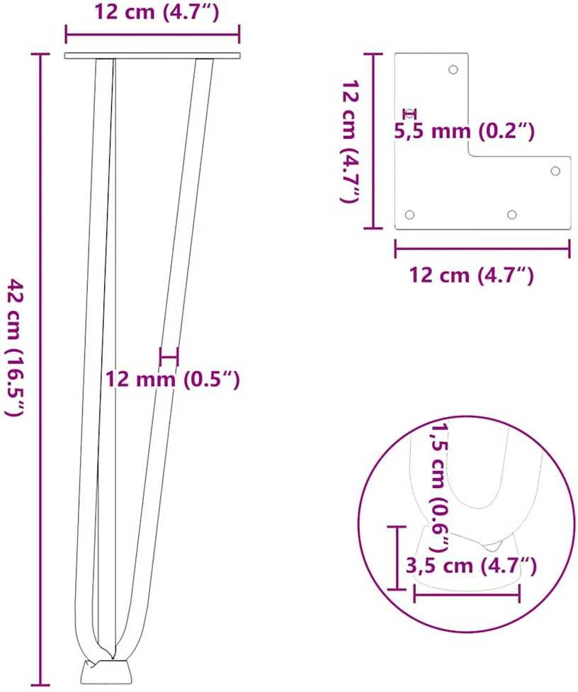 Kavos staliuko kojelės, 4 vnt., antracito spalvos, 42 cm, plienas, segtukai