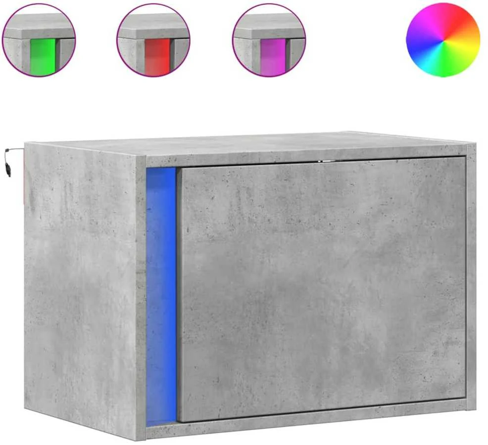 Prie sienos montuojama naktinė spintelė su LED, betono pilka