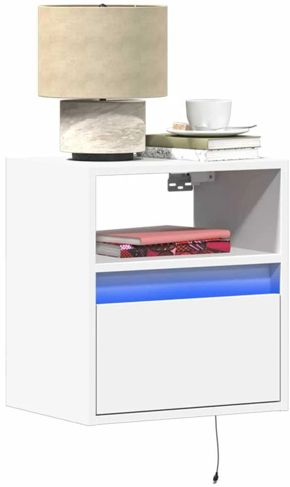 Prie sienos montuojama naktinė spintelė su LED, balta