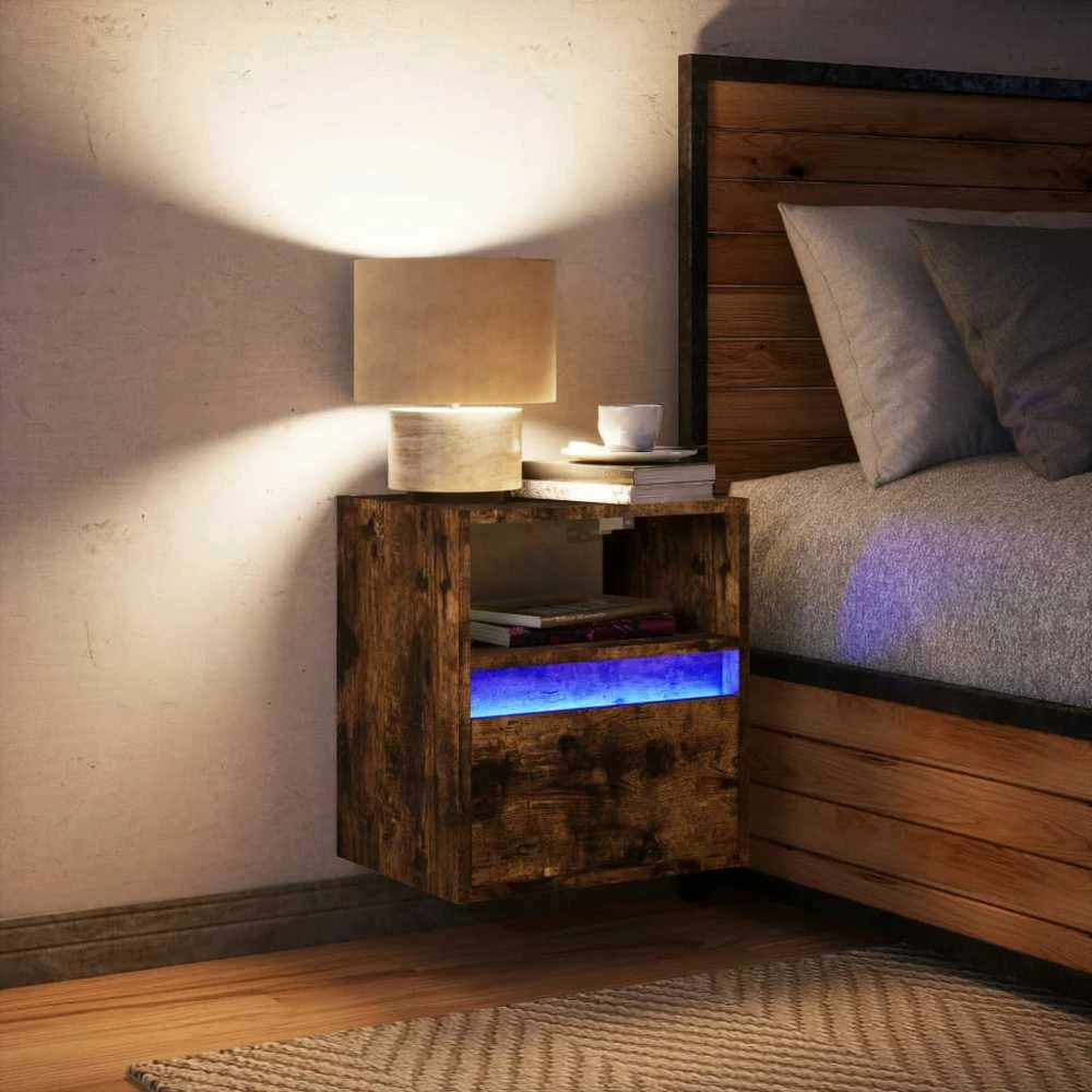 Prie sienos montuojama naktinė spintelė su LED, dūminio ąžuolo