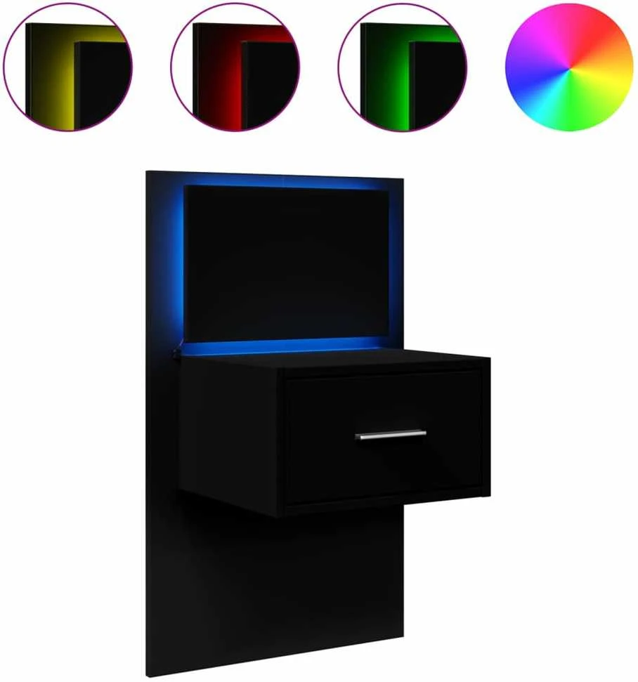 Prie sienos montuojama naktinė spintelė su LED, juoda