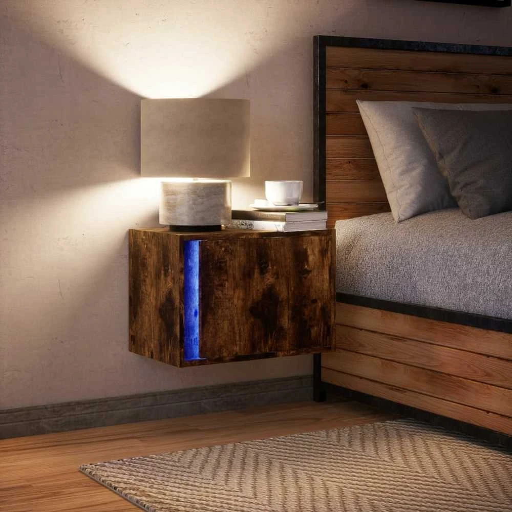 Prie sienos montuojama naktinė spintelė su LED, dūminio ąžuolo