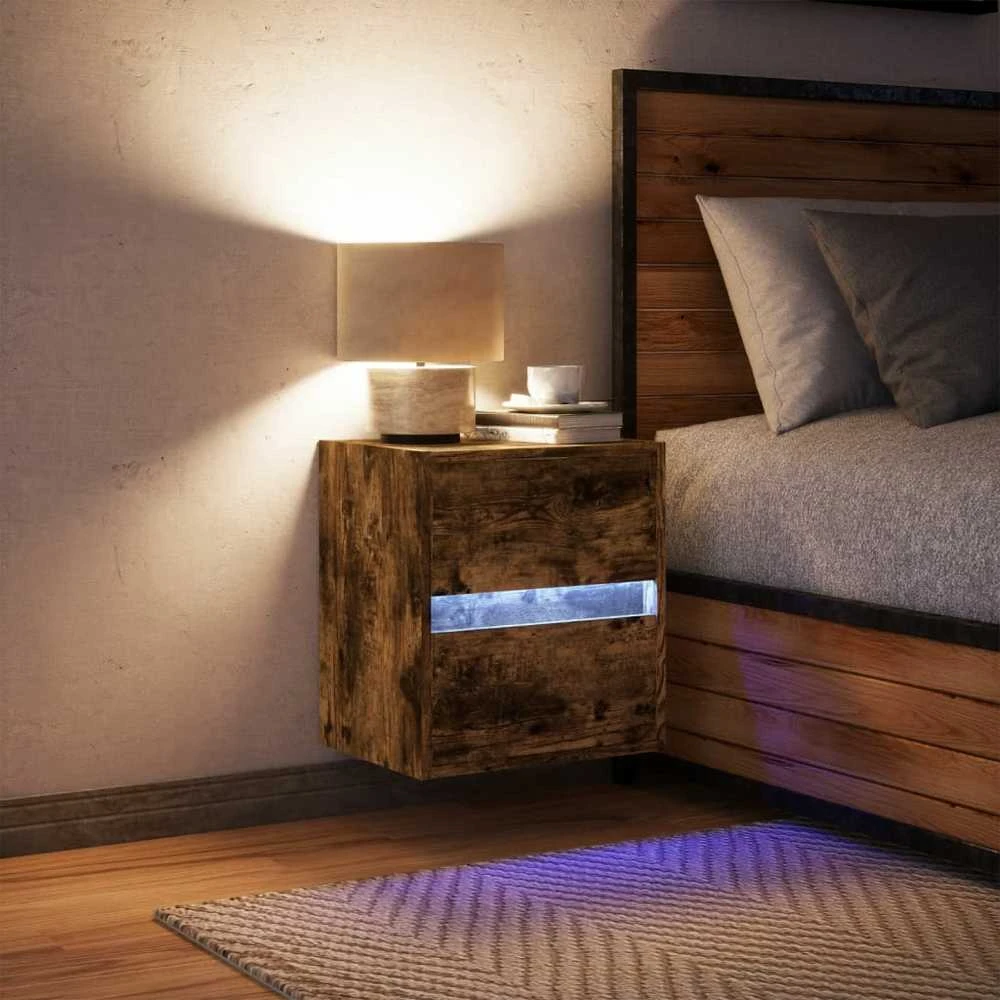 Prie sienos montuojama naktinė spintelė su LED, dūminio ąžuolo