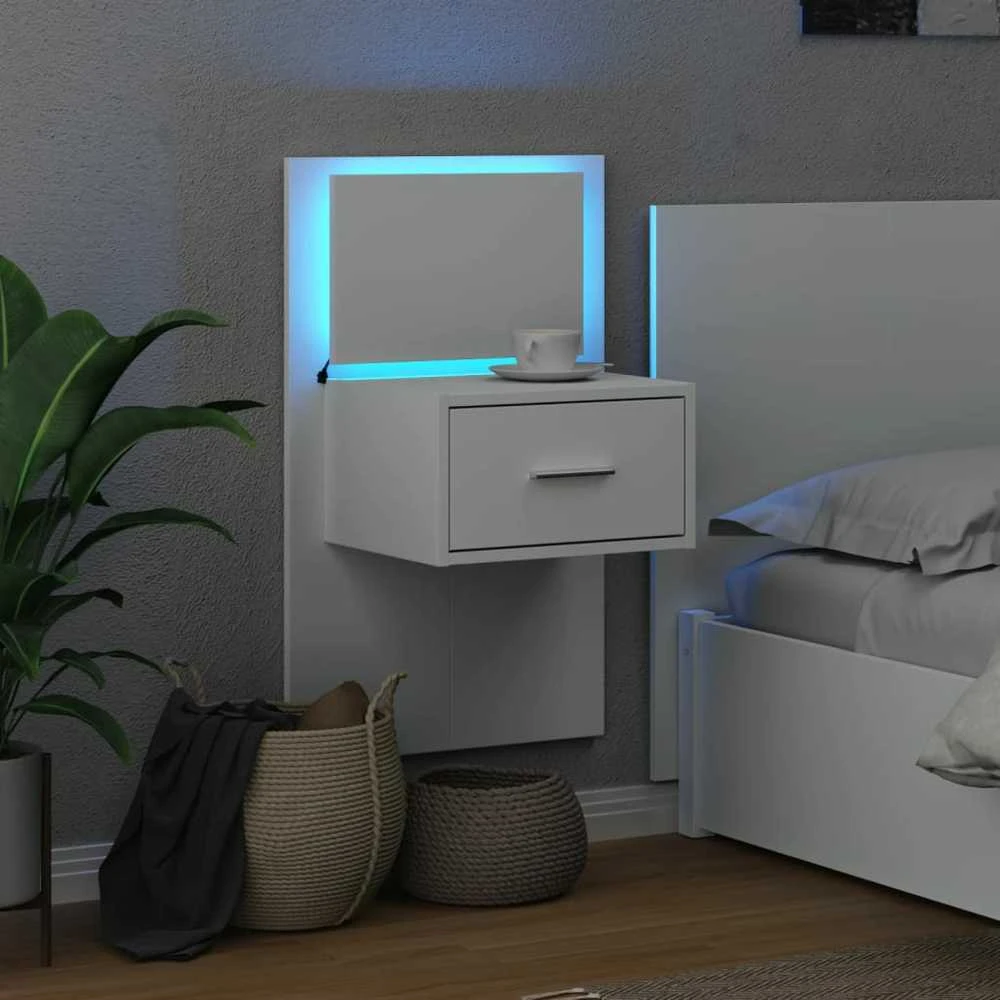 Prie sienos montuojama naktinė spintelė su LED, balta