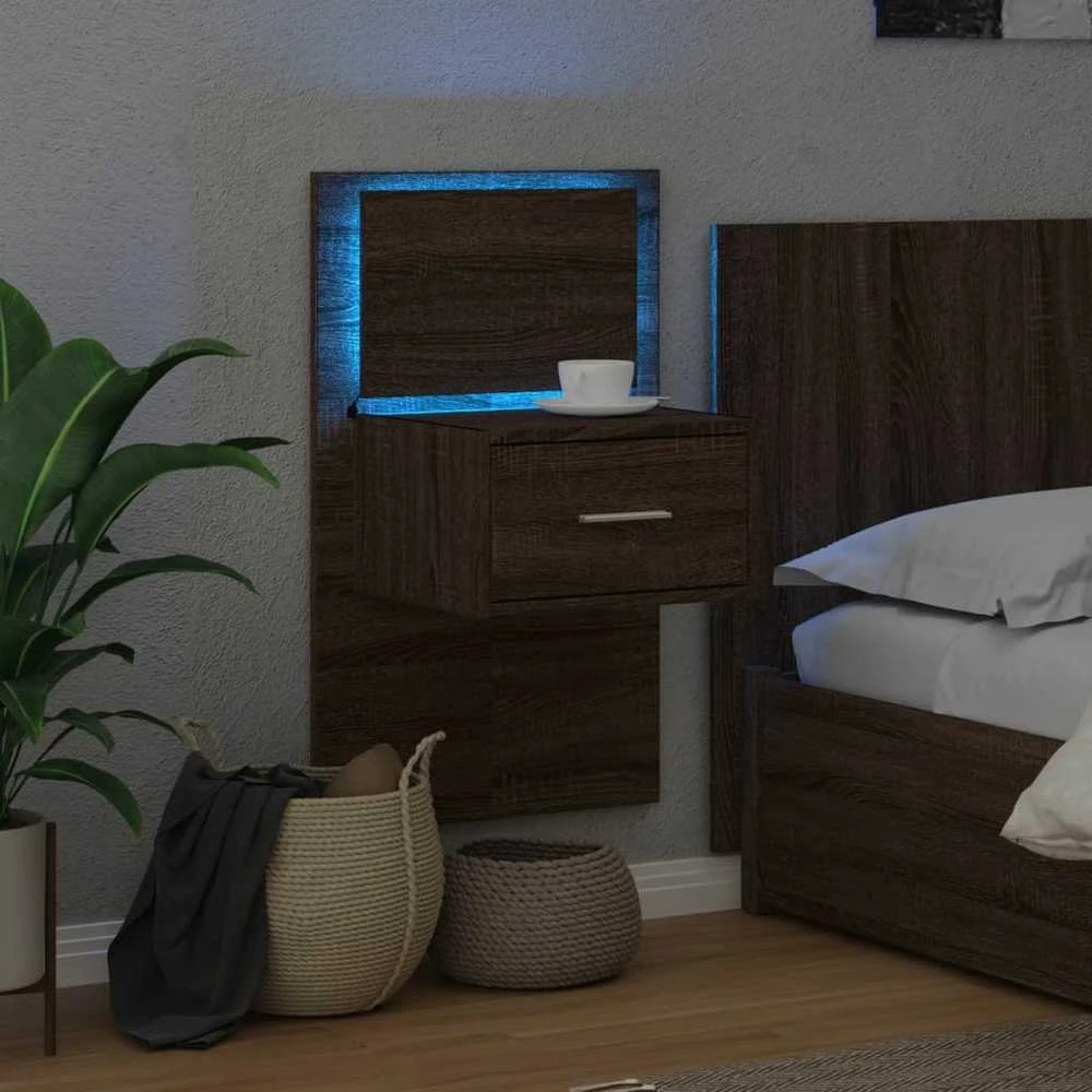 Prie sienos montuojama naktinė spintelė su LED, ruda ąžuolo