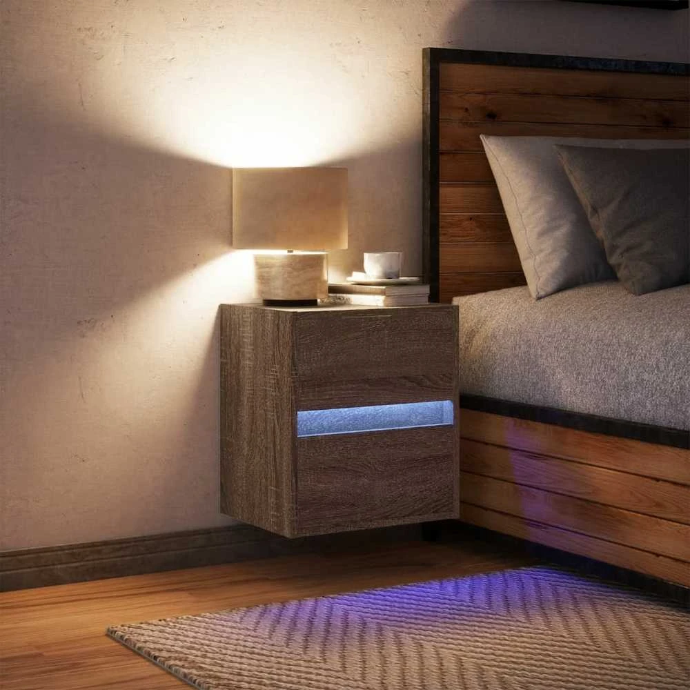 Prie sienos montuojama naktinė spintelė su LED, ruda ąžuolo