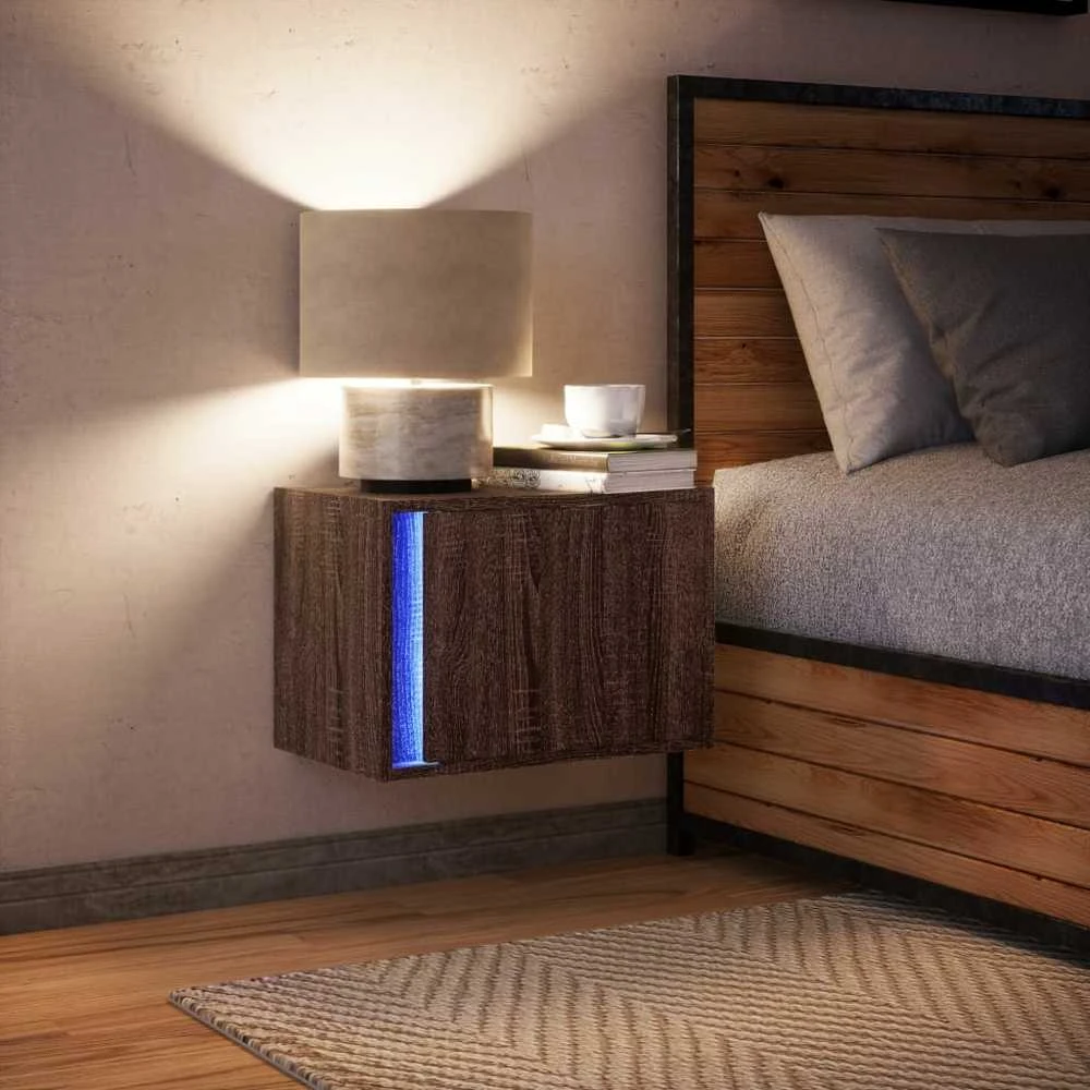 Prie sienos montuojama naktinė spintelė su LED, ruda ąžuolo