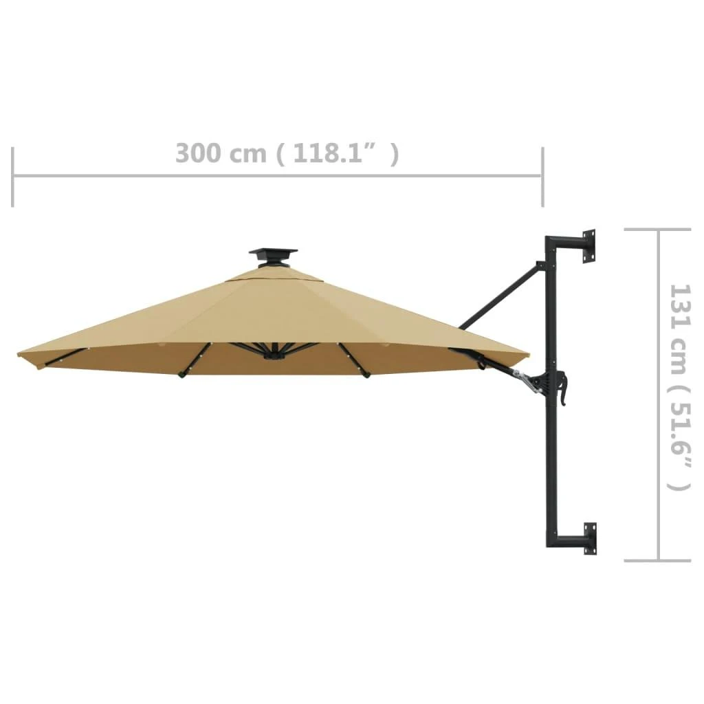 Prie sienos montuojamas sodo skėtis su LED, taupe, 300cm
