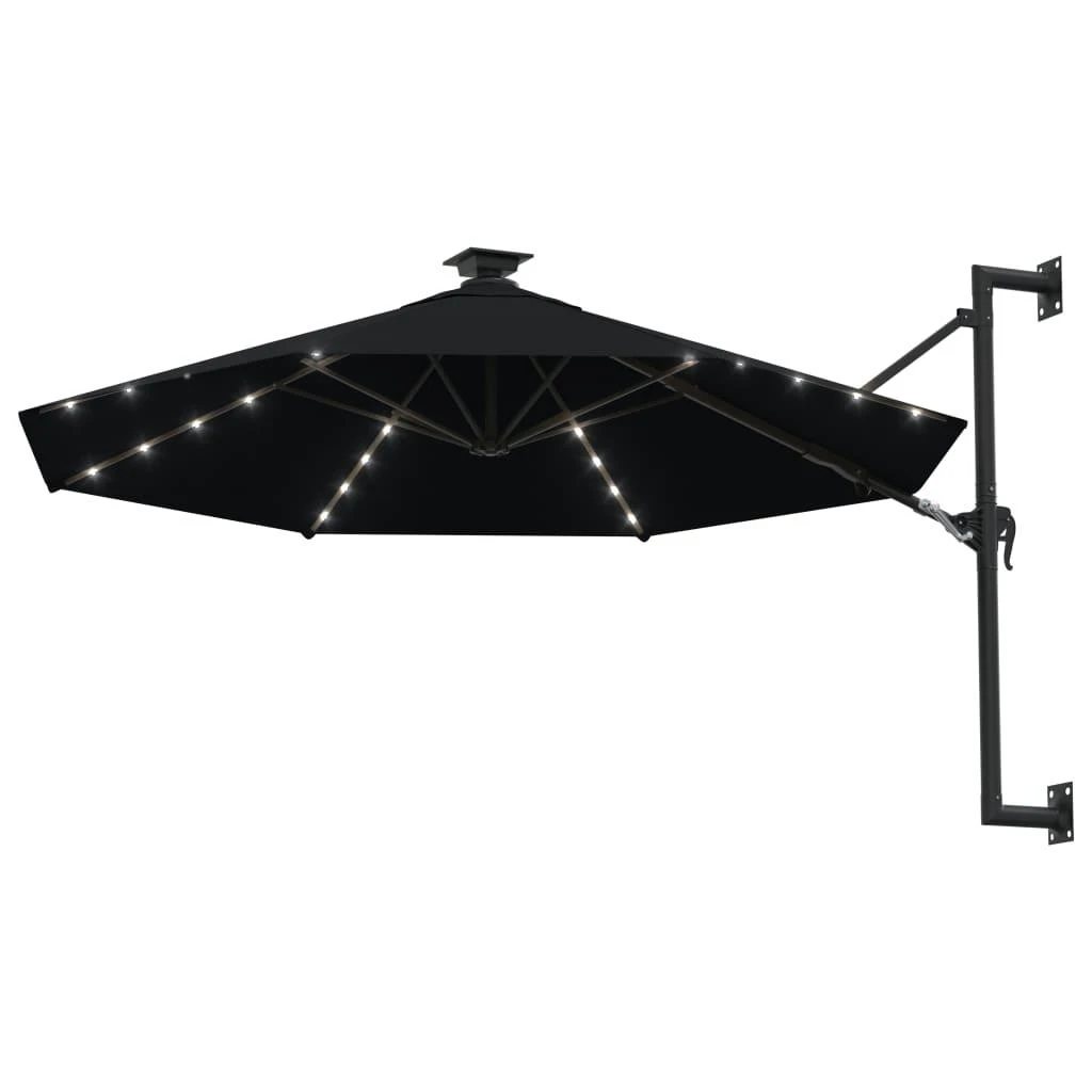 Prie sienos montuojamas sodo skėtis su LED, juodas, 300cm