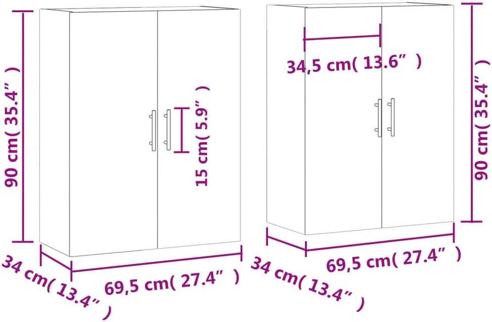 Prie sienos montuojamos spintelės, 2vnt., baltos, 69,5x34x90cm