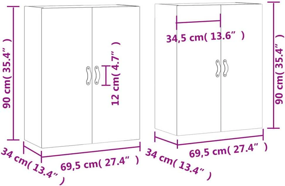 Prie sienos montuojamos spintelės, 2vnt., baltos, 69,5x34x90cm