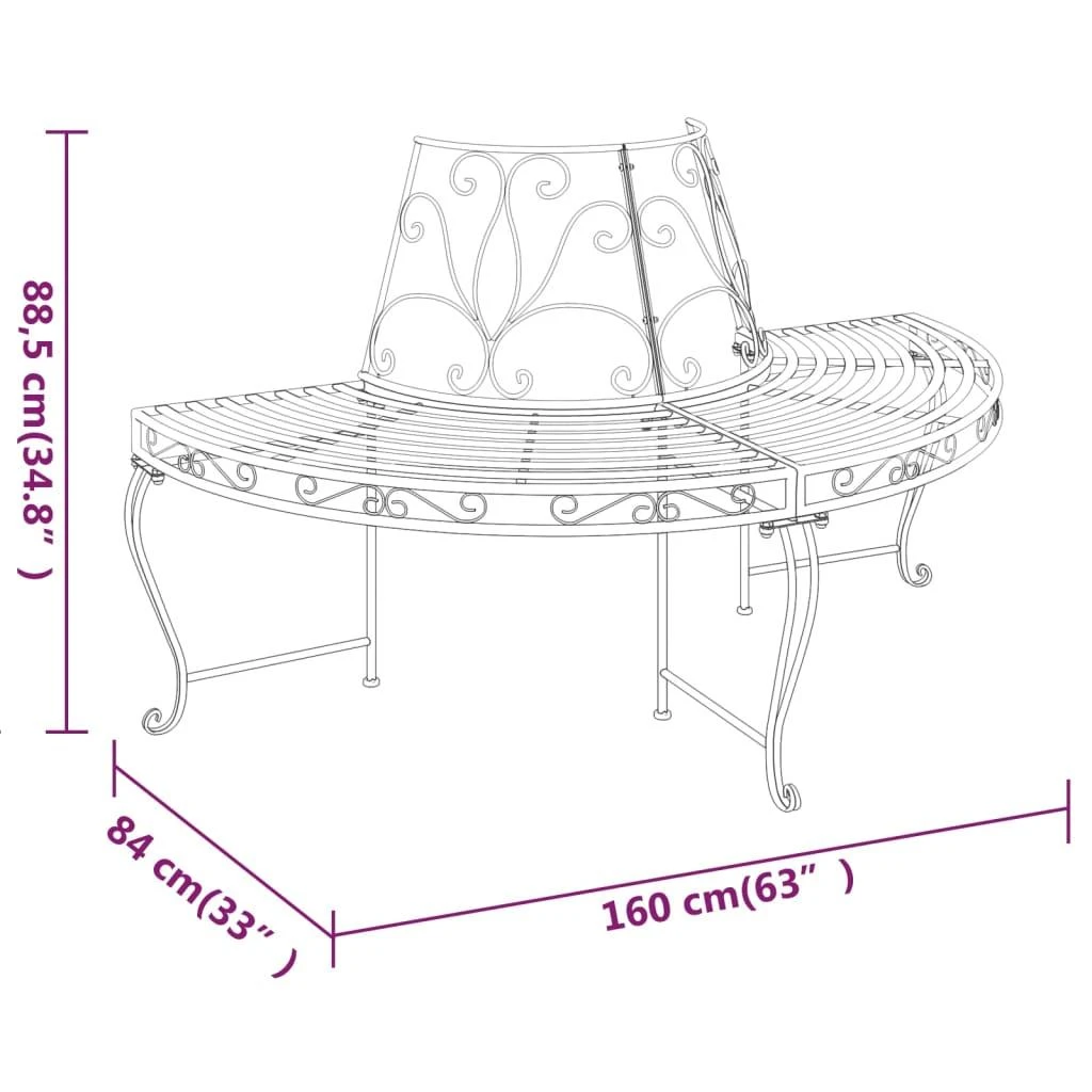 Pusapvalis suoliukas aplink medį, juodas, 160cm, plienas