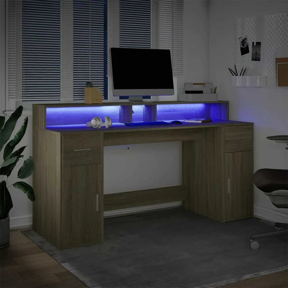 Rašomasis stalas su LED apšvietimu, ąžuolo, 160x55x91cm