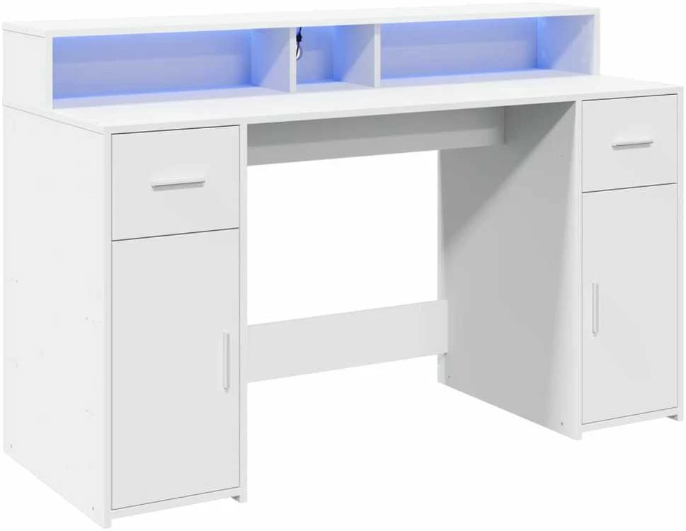 Rašomasis stalas su LED apšvietimu, baltas, 140x55x91cm