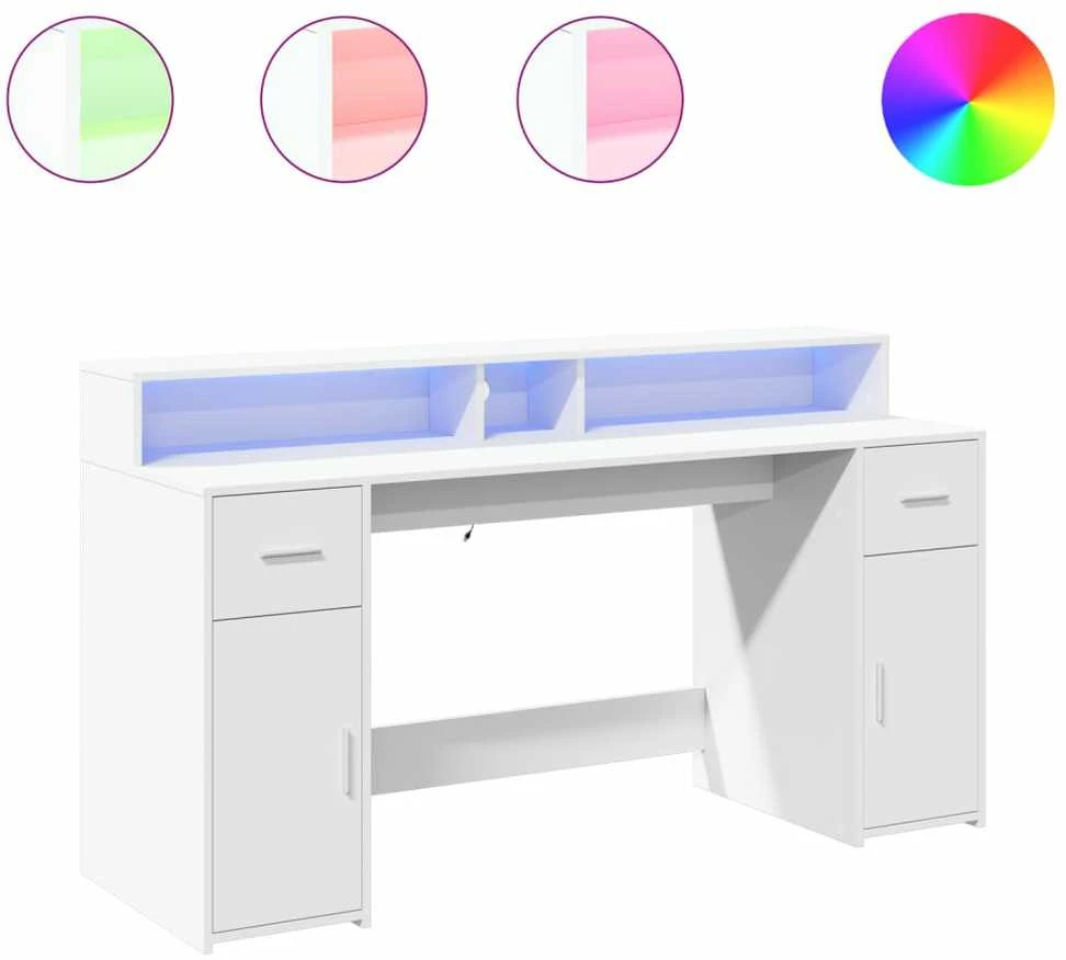 Rašomasis stalas su LED apšvietimu, baltas, 160x55x91cm